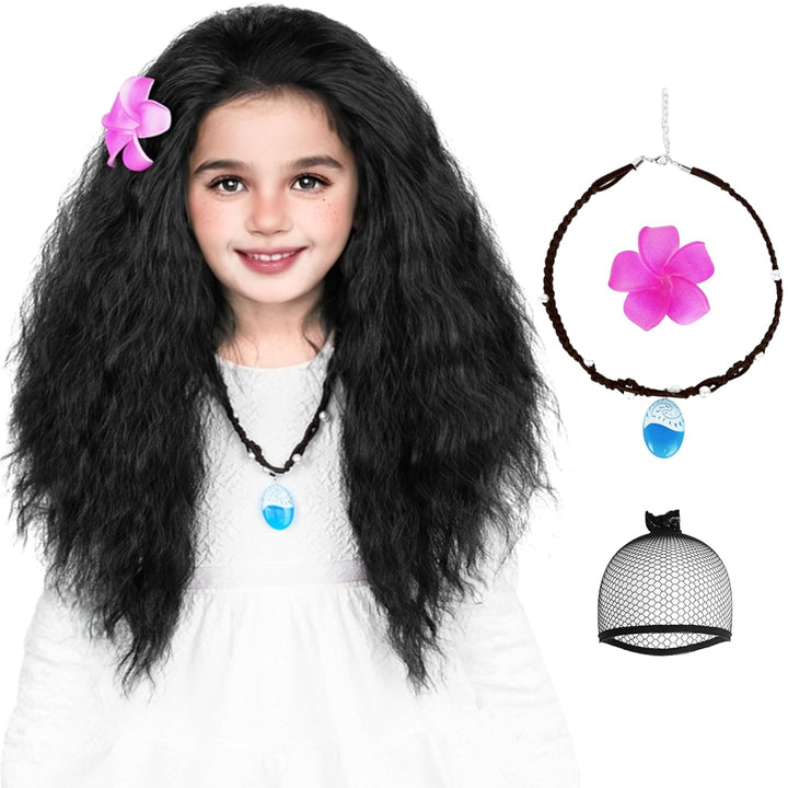 Long Straight Black Kids Wig with Flower Hair Clip, Wigs for Girls Toddler Cosplay 27.6'' Synthetic Hair + Wig Cap for Halloween Party Daily Costumes