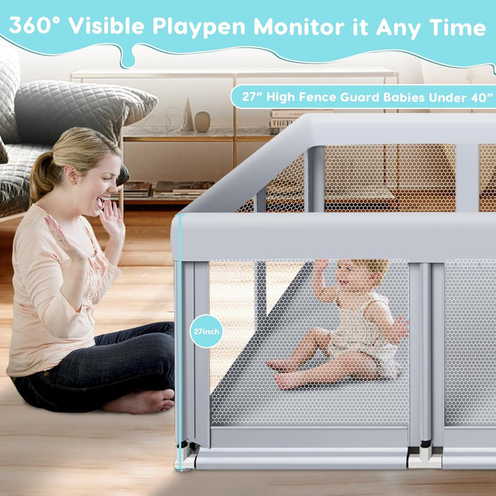 74" ×50" Large Baby Playpen, Baby Playard for Babies and Toddlers, Baby Fence Play Pens for Indoor & Outdoor, Sturdy Safety Play Yard with Soft Breathable Mesh, Anti-Fall, Grey