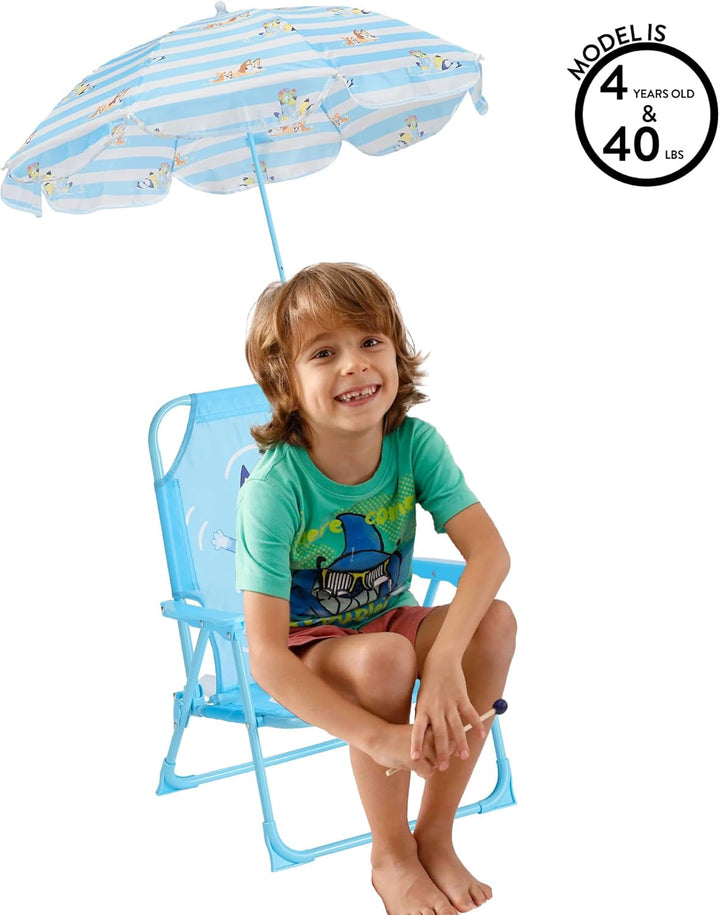 Bluey Kids Outdoor Folding Beach Chair with Umbrella,Portable Camp Chair for Ages 3+, Lightweight & Compact for Beach, Camping, and Backyard