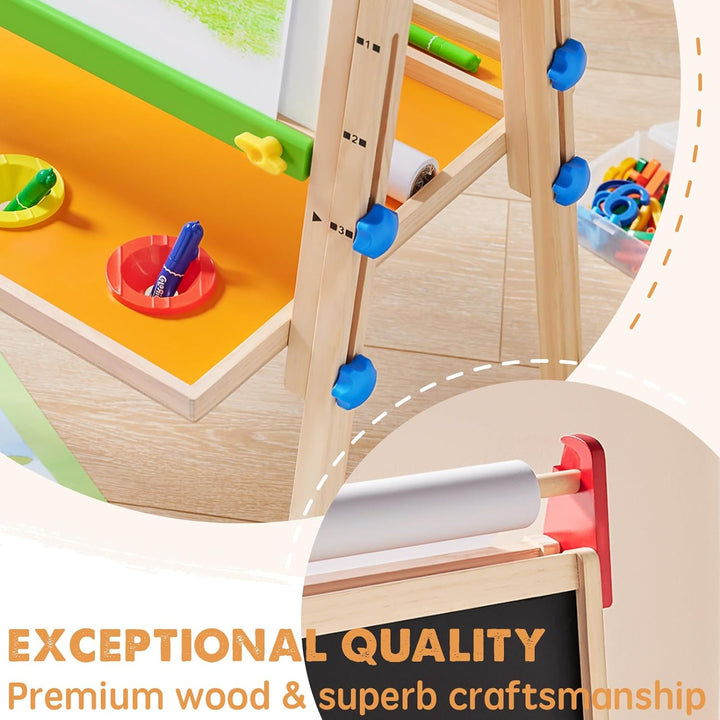 Easel for Kids with 2 Drawing Paper Roll, Learning-Toy for 3,4,5,6,7,8 Years Old Boy & Girls, Wooden Chalkboard & Magnetic Whiteboard & Painting Paper Stand, Gift & Art Supplies for Toddler