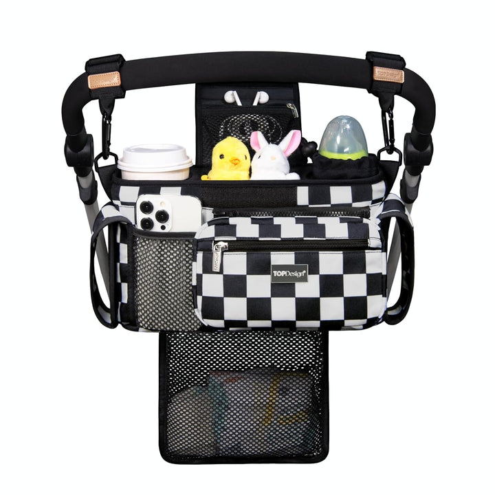 Universal Baby Stroller Organizer, Stroller Caddy with Detachable Mesh Bag & Heightened Insulated Cup Holders & Non-Slip Secure Hooks Accessories, Fits Most Strollers (Checkerboard)