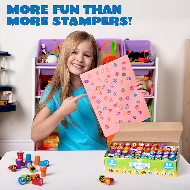 100 Pcs Assorted Stamps for Kids Self-Ink Stamps (50 Different Designs, Dinosaur, Zoo Safari Stampers) for Party Favor, Carnival Prizes, School, Easter Egg Stuffers, Halloween, Christmas