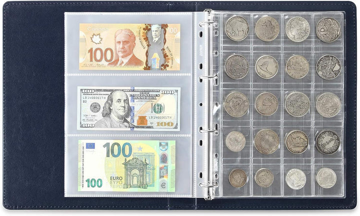 Empty Premium PU Classic Binder, 4 Ring Binder Albums Stockbook for Stamps, Documents, Coins, Bank Notes(Blue)