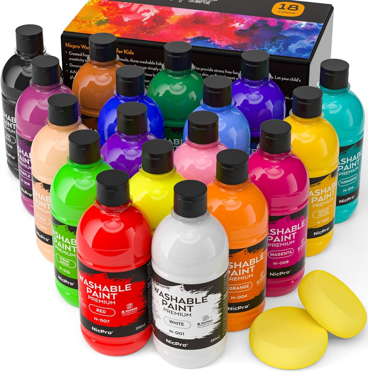 18 Colors Large Washable Paint Set for Kid (8.4Oz,250 Ml), Acrylic Bulk Paint Supplies Non Toxic Children Tempera Paint for Art, Craft DIY, Poster & Finger Paint, School, Home,Classroom, Party