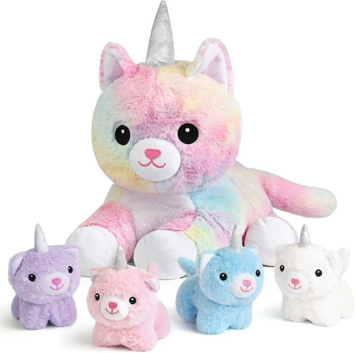 Toys for Girls Ages 3 4 5 6 7 8+ Years - Unicorn Mommy Stuffed Animal with 4 Baby Unicorns in Her Tummy, Soft Unicorn Plush Toys Set, Christmas Birthday Gifts for Baby, Toddler, Kids