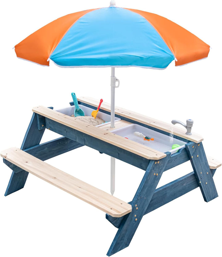 Kids 3-In-1 Sand & Water Table, Wood Outdoor Convertible Picnic Table with Umbrella, 2 Trays, Removable Top with Faucet, Picnic for Outdoor (Pink/Navy)