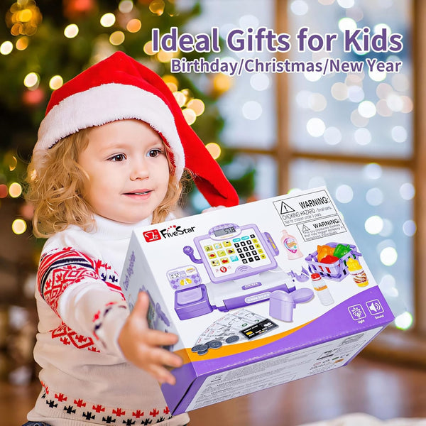 Cash Register for Kids with Scanner Realistic, Pretend Play Toy Cash Register with Fast Food/Fake Money/Credit Card/Calculator/Microphone Gift Ideas for Toddlers Girls Boys 3-5 4-8, Yellow
