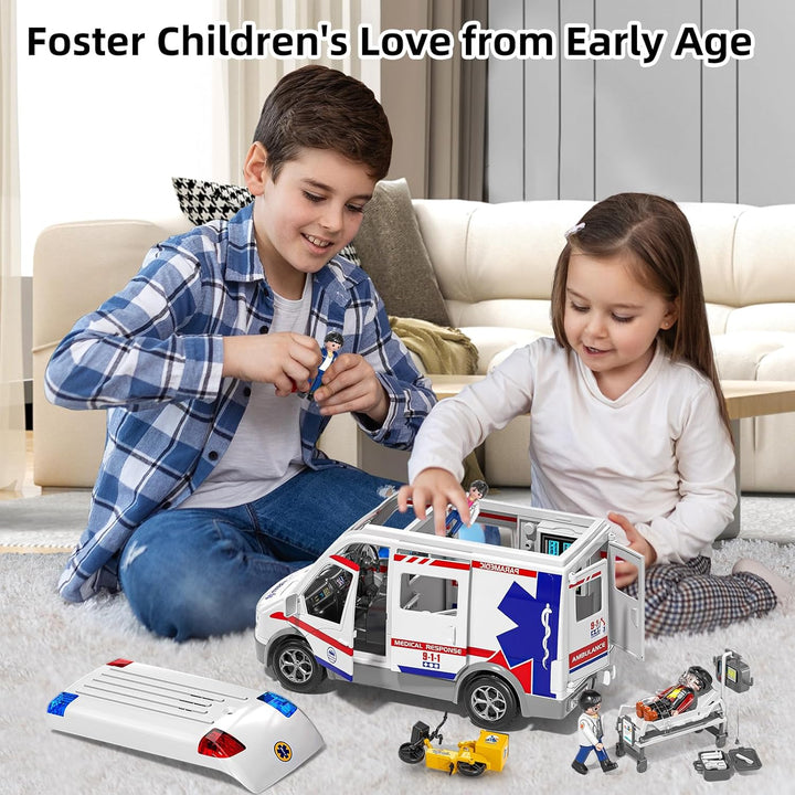Play Ambulance Toy for Kids 3 4 5 6 7 8 Years Old - Friction Powered Truck with Light and Sound, Carrier Vehicle with Figures Toys, Gifts for Boys Girls Age 3-12