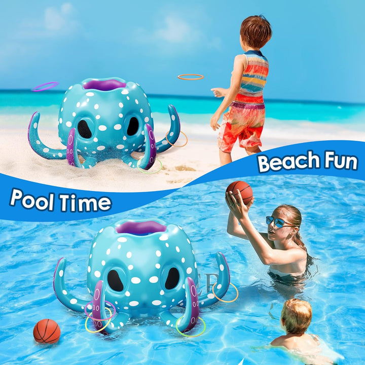 Pool Wave Kids Octopus Pool Toys, 2-In-1 Inflatable Float Water Game, Basketball Hoop Ring Toss Outdoor Swim Play, Cool Summer Family Party Gift 3 4 5 6 7 8 Year Old Boy Girl Child-Blue