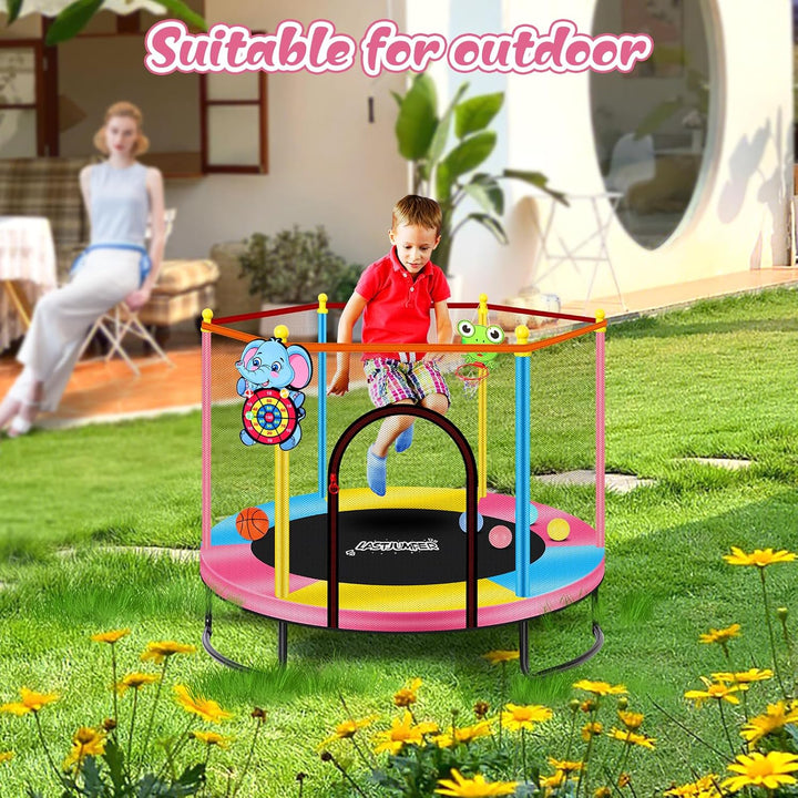 Pink Indoor Trampoline for Kids 2-5, 5Ft Mini Indoor & Outdoor Small Toddler Trampoline with Net and Basketball Hoop