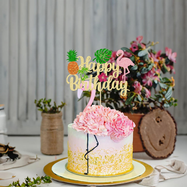 1Pc Tropical Luau Happy Birthday Cake Topper Glitter Palm Tree Flamingo Pineapple Aloha Cake Pick Decorations for Hawaiian Luau Theme Birthday Party Supplies