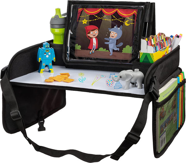 Car Seat Tray for Kids Travel - Black 600D Oxford Lap Desk Organizer with Dry-Erase Surface, Tablet Stand, Snack Holder & Cup Holder - Travel Tray for Kids Car Seat