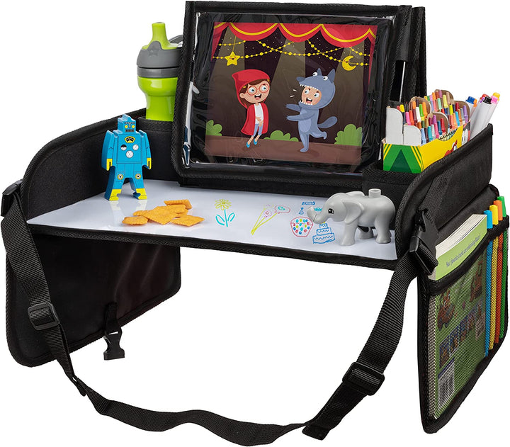 Car Seat Tray for Kids Travel - Black 600D Oxford Lap Desk Organizer with Dry-Erase Surface, Tablet Stand, Snack Holder & Cup Holder - Travel Tray for Kids Car Seat