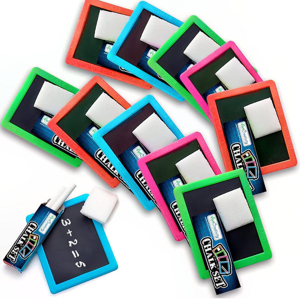 Neon Chalkboard Set for Kids - 12 Kits - 1 Mini Chalk Board, 2 Chalk Sticks, and 1 Eraser per Kit - Art Birthday Party Favors for Boys and Girls, Unique Stationery Goodie Bag Fillers