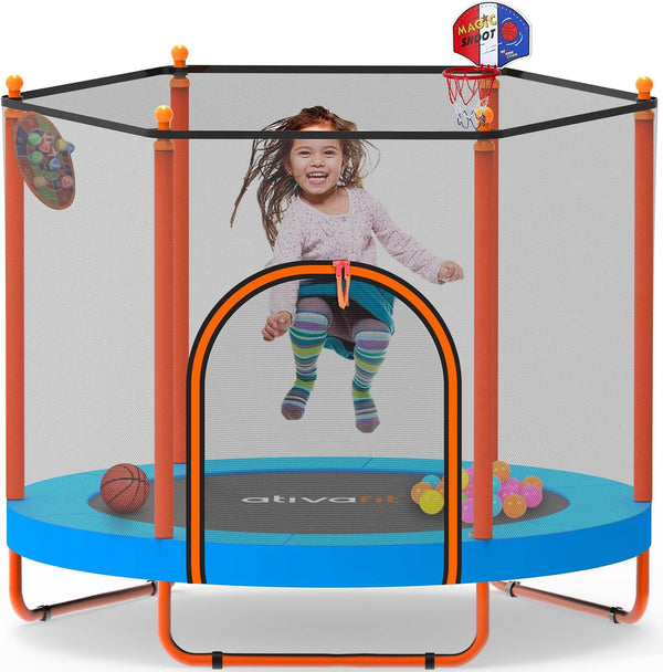 60'' Rebounder Trampoline Indoor Outdoor for Kids Ages 1-8, 5 FT Recreational Toddler Trampoline with Safety Enclosure Net Gifts with Basketball Hoop Dartboard Ocean Bal