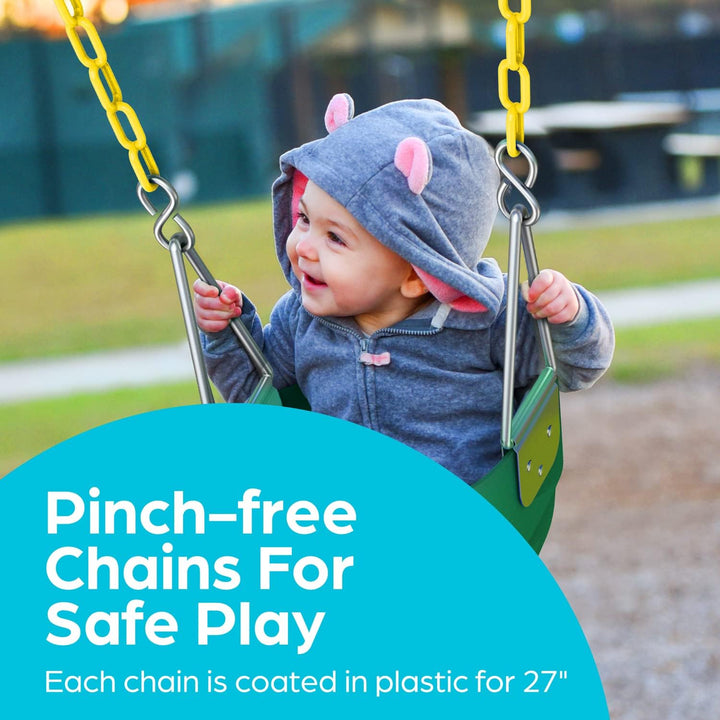 Baby Swing Outdoor - Heavy Duty Toddler Swing Set Accessories, High Back, Full Bucket Seat with Coated Chains for Outdoor Use - Fully Assembled - Green