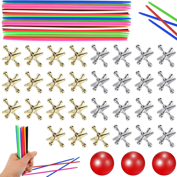 3 Sets Jacks Game and Pick up Sticks, 180 Pcs Sticks and 30 Pcs Metal Jax with 3 Pcs Red Rubber Balls, Classic Pick up Sticks Game for Kids Adults Family