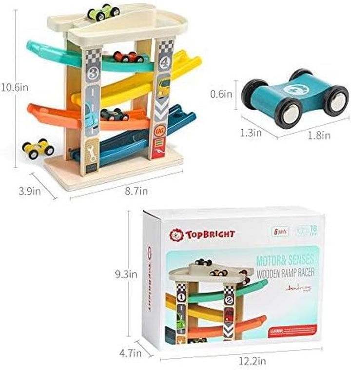 Toddler Wooden Race Track Car Ramp Toys for 1 2 Year Old Baby Motor Skills Race Tracks Car Ramp Vehicle Playsets with 4 Mini Cars and 1 Car Garage