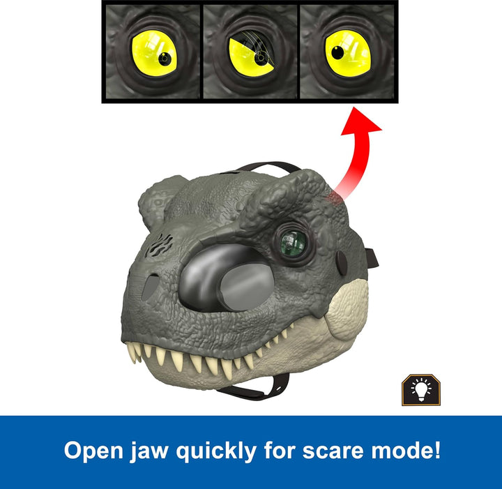 Jurassic World Rebirth T-Rex Rage N Roar Mask with LED Light up Eyes, Blink Action with 3 Level Aggression Effect, Dinosaur Costume Headgear Toy