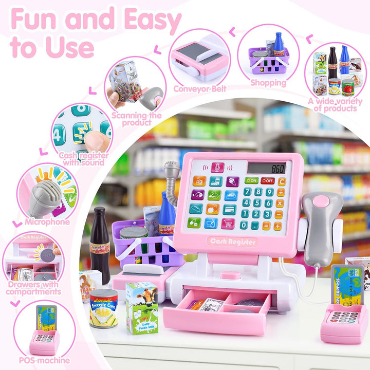 Kids Cash Register Toy - Pretend  Calculator Register Toys with Microphone/Conveyors/ Money/Scanner/Credit Card/Cans/Drink, 3+ Toddler Develops Early Math Skills Learning Toys