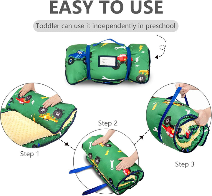 Toddler Nap Mat Extra Large Thickened 55''X35'', Soft Sleeping Bag with Detachable Minky Blanket and Pillow, Portable for Daycare, Preschool, Kindergarten, Travel, Boys and Girls