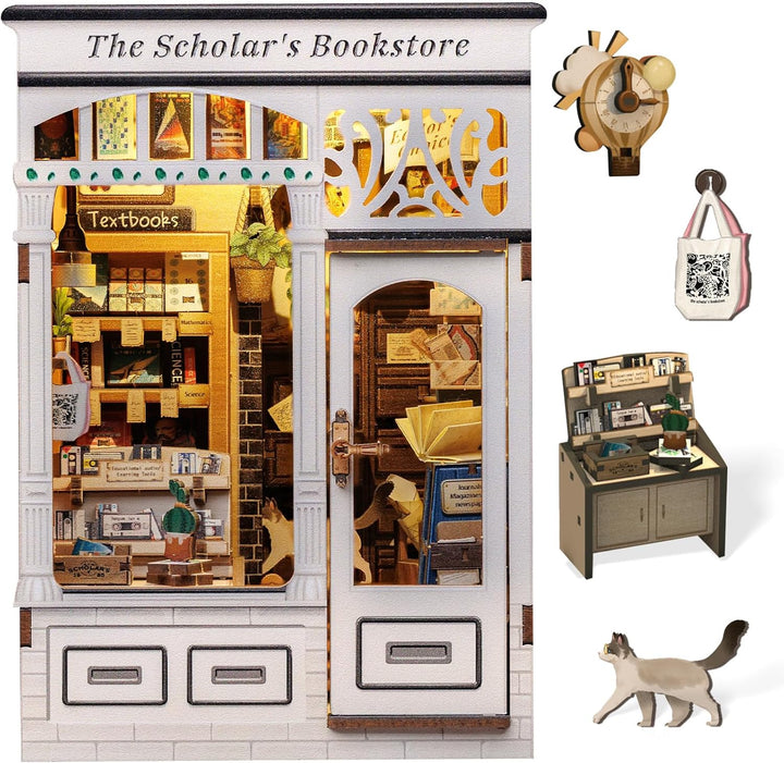 Book Nook Kit - DIY Miniature House Coffee Shop Dollhouse Kit for Adults and Teens, Booknook Tiny House Bookshelf Decor 3D Wooden Puzzle, Gifts for Family, Friends (Corner Coffee Shop)