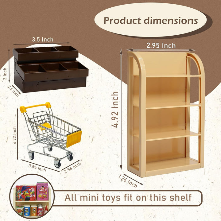 180Pcs Mini Shopping Cart Playset - Pretend Grocery Dollhouse Accessories Toys with Miniature Cash Register, 2 Fruit-Veggie Stands, 3 Shelves, 100+ Play Food - Educational Role Play Toys for Toddlers