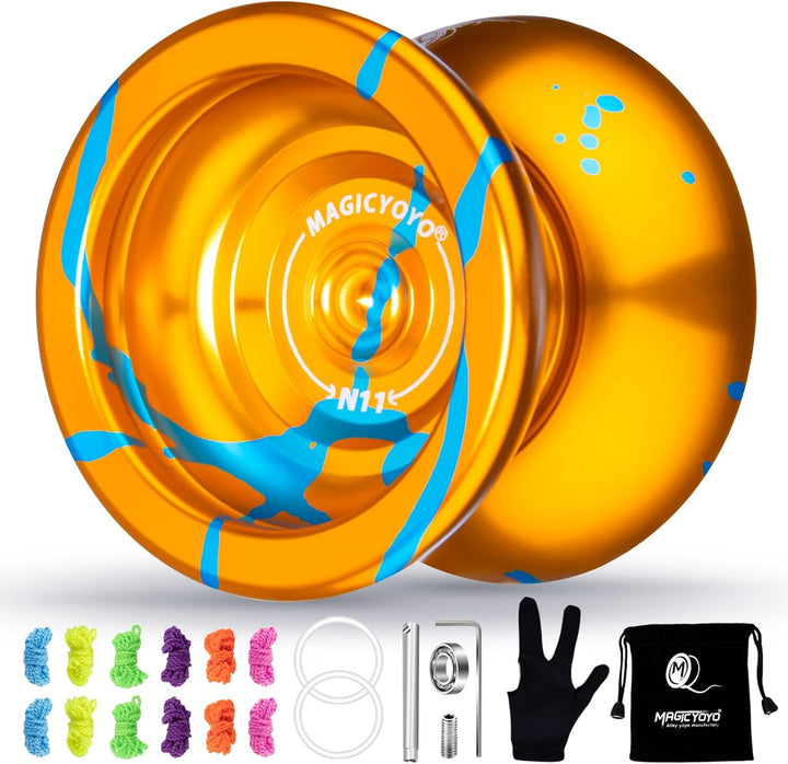N11 Professional Unresponsive Yoyo N11 Dual Purpose Alloy Trick Yoyo Ball (Black with Golden) with Bag, Glove, 12 Yoyo Strings and Responsive Bearing Kit