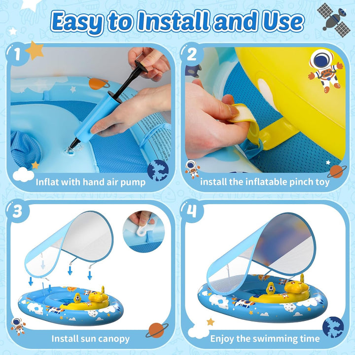 Baby Pool Float with Canopy UPF50+ Sun Protection, Inflatable Kids Pool Floats Infant Swimming Float with Toy Play Console Adjustable Safety Seat for Kids Girls Boys Aged 6-36 Months