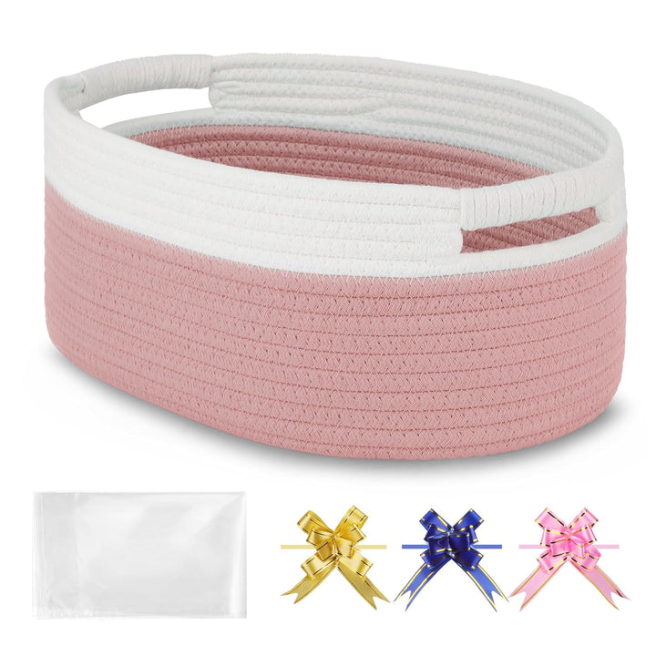 Small Woven Basket with Gift Bags and Ribbons, Empty Baby Gift Baskets, Shelf Storage, Small Cat Dog Pet Toy Boxes, 13”X 9”X 5.5”, Light Pink