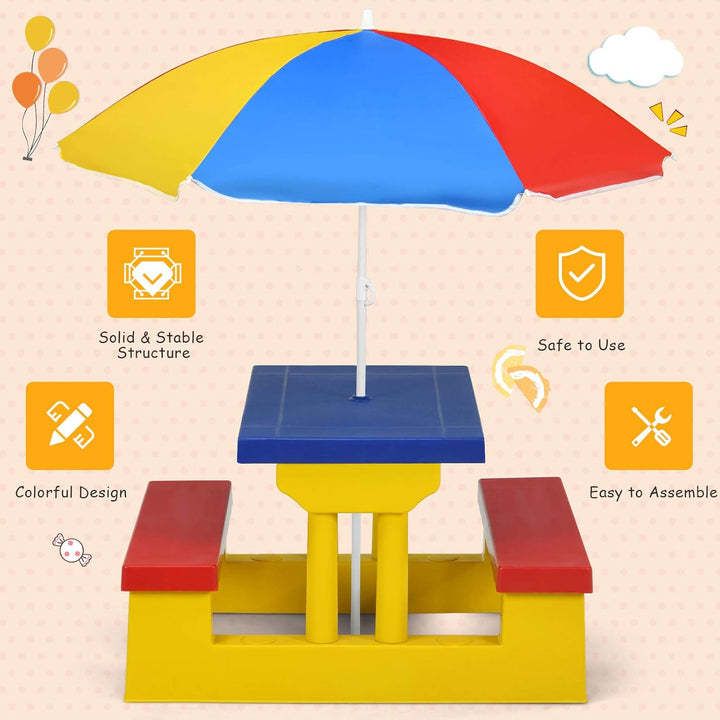 Kids Picnic Table, Indoor & Outdoor Table and Bench with Removable Umbrella, Portable Toddler Picnic Table and Chair Set for Garden, Backyard, Patio