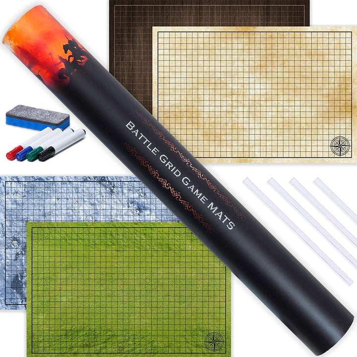 DND Starter Set | 3 X Double Sides 24X 36 Game Grid Mat | 6 Terrains Includes Dry Erase Markers, Eraser, Dice and Clips