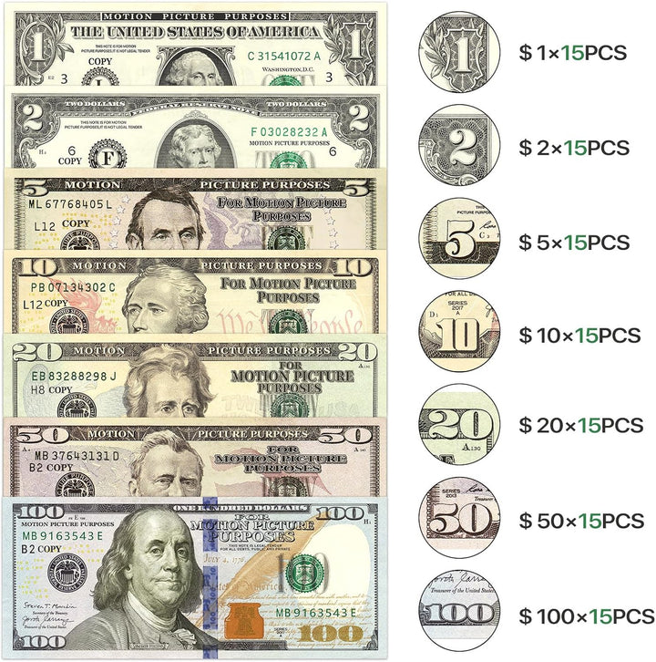 105-Piece Fake Money Prop Money Play Money Set for Movie Props, Photography, Educational Play, Magic Tricks.