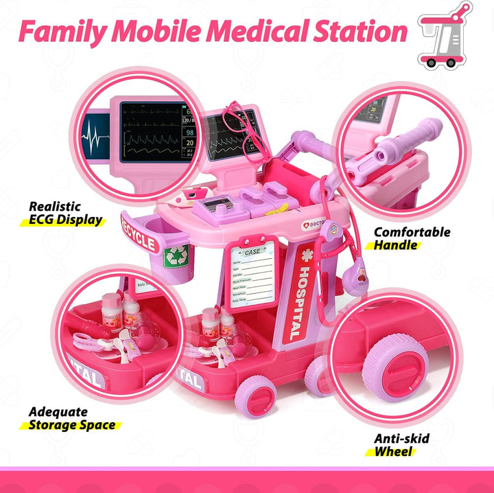 Doctor Kit for Toddlers Aged 2 3 4 5, Pretend Doctor Play Set for Kids with Cart, Costume and Stethoscope, Role Play Medical Toys for Girls Boys(Pink)