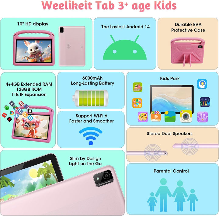 Kids Tablet, 10 Inch Tablet for Kids 128GB ROM Octa-Core 6000Mah Battery, Android 14 Toddler Tablet with 5G WIFI Parental Control Eye Protection, Shockproof Case, Netflix Youtube, Gift for Children