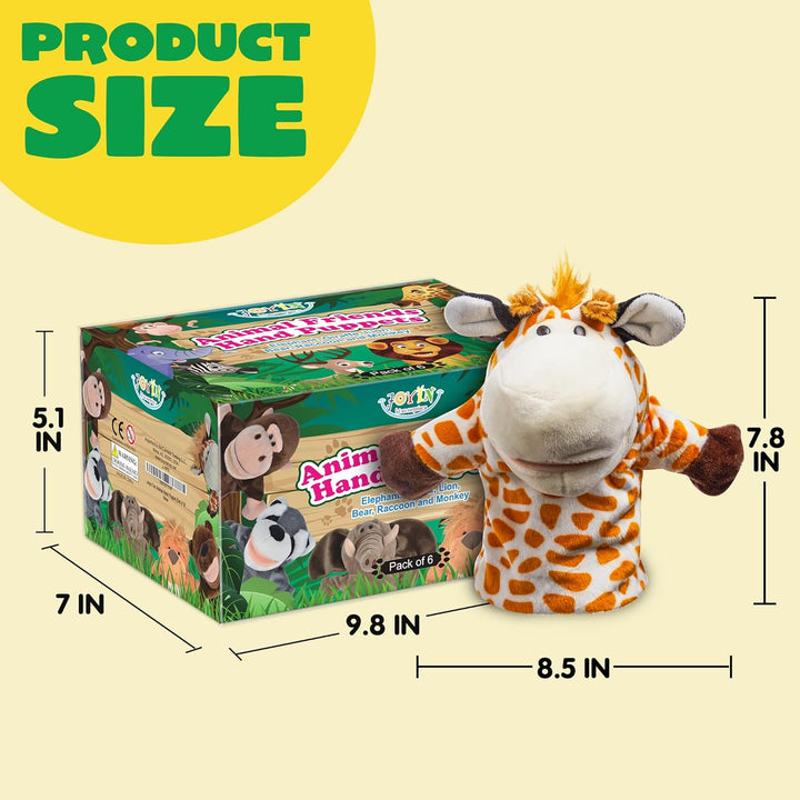 6Pcs Kids Hand Puppet Set with Working Mouth, Toddler Animal Plush Toy Includes Elephant, Giraffe, Lion, Bear, Raccoon and Monkey for Show Theater, Birthday Gifts for Kid Age 3+