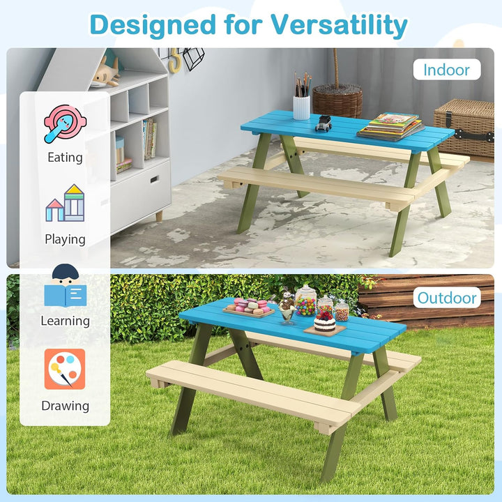 Kids Picnic Table, Acacia Wood Kids Outdoor Table with Benches, Toddler Patio Furniture Set for Backyard, Garden, Lawn, Gift for Boys Girls 3+ (Green)