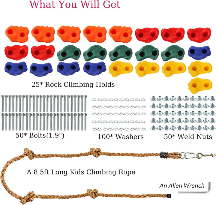 25 Packs Rock Climbing Holds for Kids and Adults, Indoor & Outdoor Rock Wall Climbing Kit, Multi-Colored Climbing Rock Wall Grips with Mounting Hardware, Knotted Rope and 25 Handles