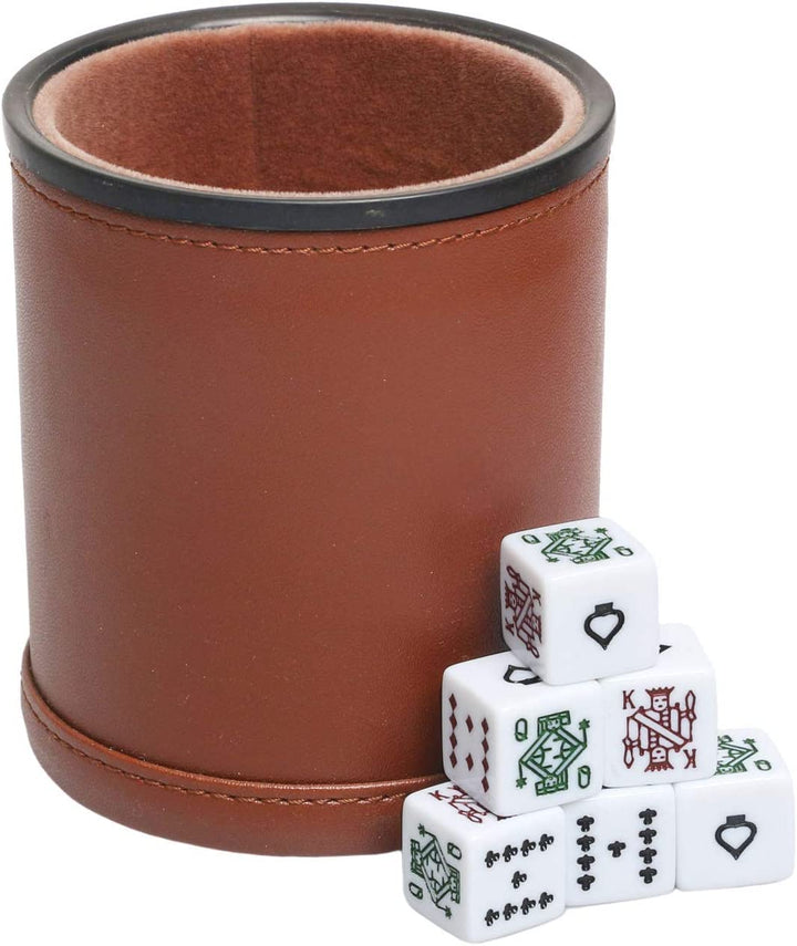 Dice Cup Set PU Leather and Felt-Lined, Quiet Shaking for Yahtzee Farkle Liars Dice Games, Includes Six 16Mm Regular Dice