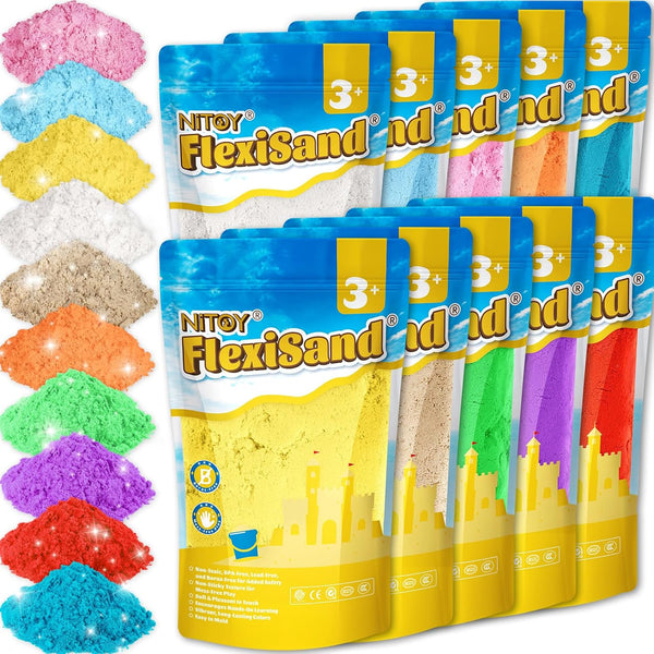 Flexisand Value Pack 19Lbs of 10 Colored Moldable Self-Sticking Sand, Never Dries Out-Fun for 3 Years and up Kids Bulk Refill for Sensory Sand Box Toys, Ideal for Shaping, Squeezing and Molding