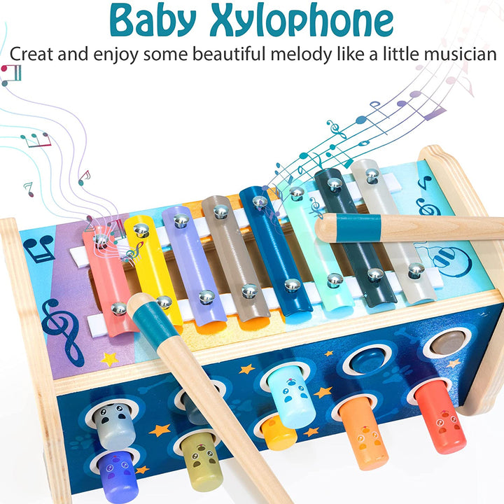 Montessori Pounding Toy for 1 2 Year Olds Wooden Hammering & Activity Board with Xylophone, Number Maze, Pounding Bench Educational Toddler Gift Toys Age 1-3