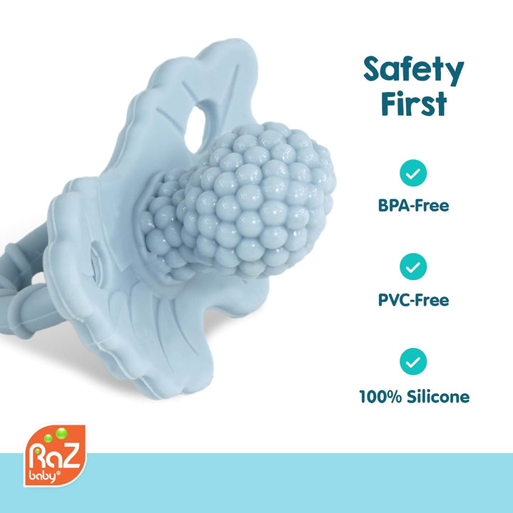 Razberry Silicone Teether Pacifier – Teething Relief for Infants, Food-Grade, Bpa-Free, Hands-Free Design, Natural Berrybumps Fruit Texture for Sensory Development, Freezable – Red