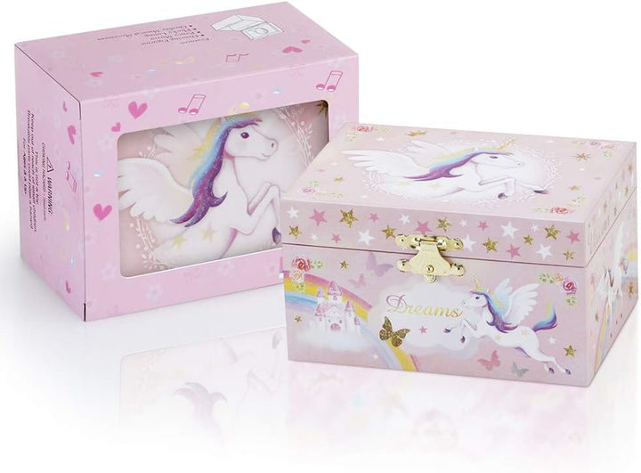 Musical Jewelry Glitter Storage Box and Jewelry Set for Little Girls with Spinning Unicorn and Rainbow - over the Waves Tune Pink