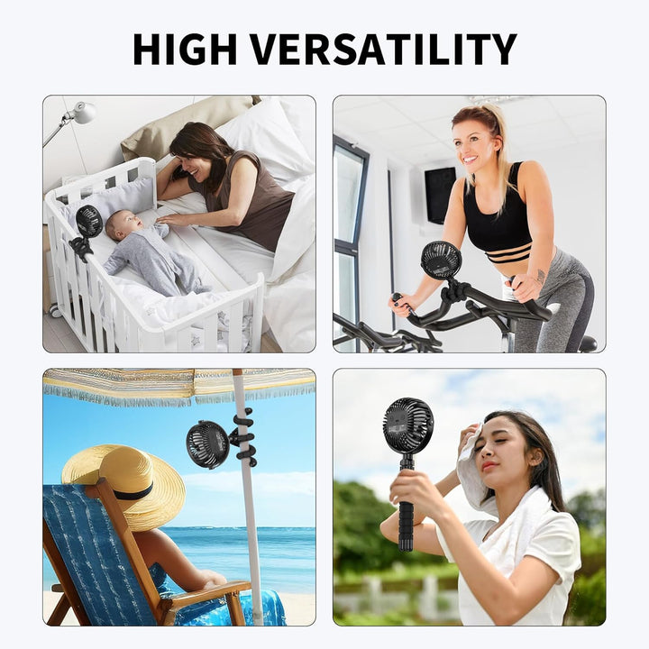 Battery Operated Stroller Fan Flexible Tripod Clip on Fan with 3 Speeds and Rotatable Handheld Personal Fans for Car Seat Crib Bike Treadmill (Black)