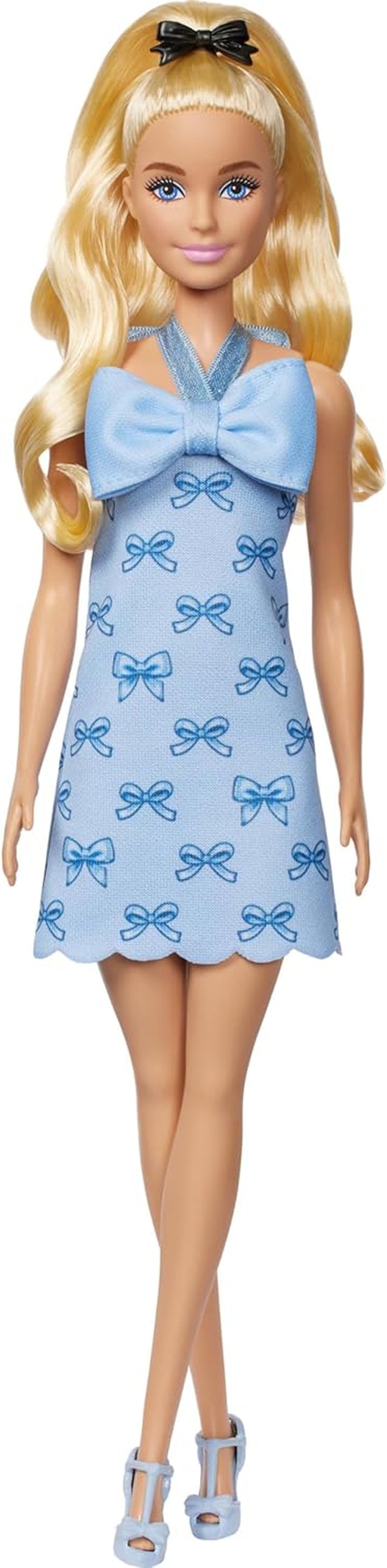 Fashionistas Doll #237 with Wavy Blonde Ponytail Wearing Blue Bow Halter Dress, Black Hair Bow Accessory and Matching Blue Heels