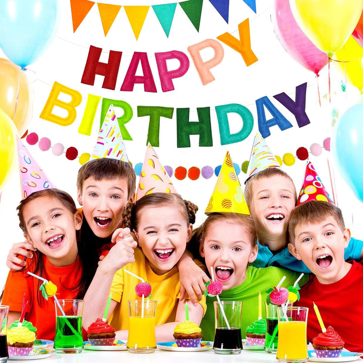 Rainbow 3D Happy Birthday Banner, Felt Garland, Triangle Pennants, Reusable Party Decorations