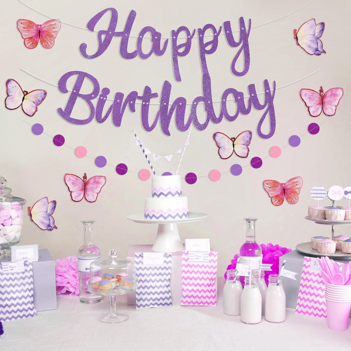 Purple Birthday Decorations, Pre-Strung Happy Birthday Banner with Butterflies and Circle Dot Garland, NO DIY Butterfly Party Decorations for Women Girls Men Boys