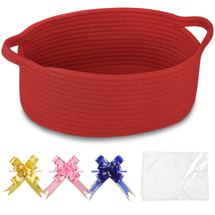 Small Woven Basket with Gift Bags and Ribbons, Gift Basket Empty, Cotton Rope Storage Organizer, Baby Toy Box with Handles, 12" X 8" X 5", Light Pink