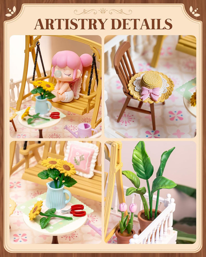Super Creator Series Accessroies, DIY Mini Flower Garden Scenery Kit, Miniature Dollhouse Castle Building Kit'S Part, Sunny Break Terrace Gift for Kids Adults Women