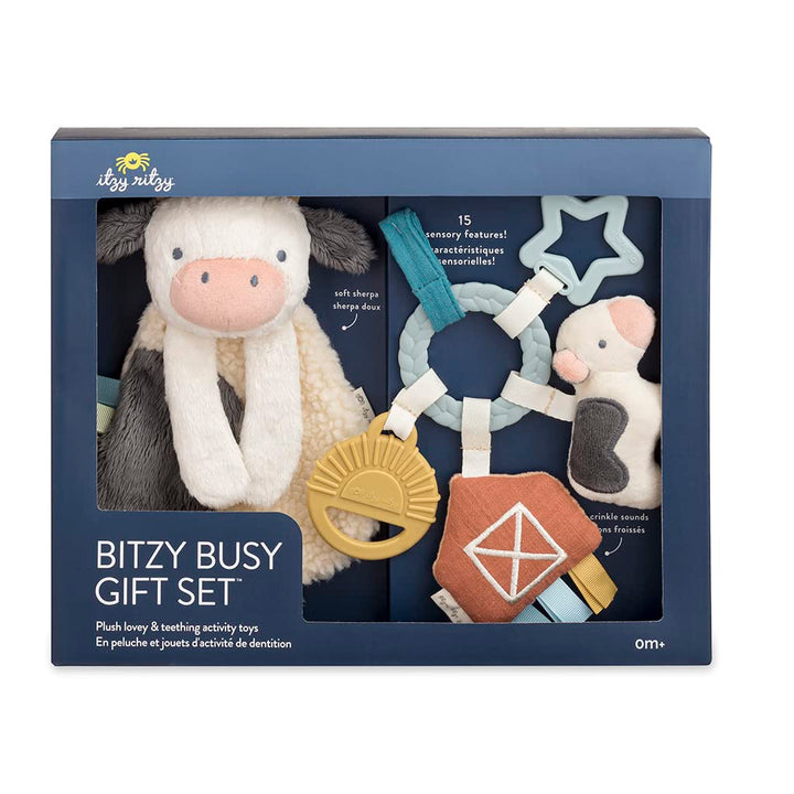 Farm Toy Gift Set - Includes Cow Lovey & Farm-Themed Busy Ring Car Seat and Stroller Toy - Features Crinkle Sounds, Engaging Textures & Silicone Teething Relief (Farm)